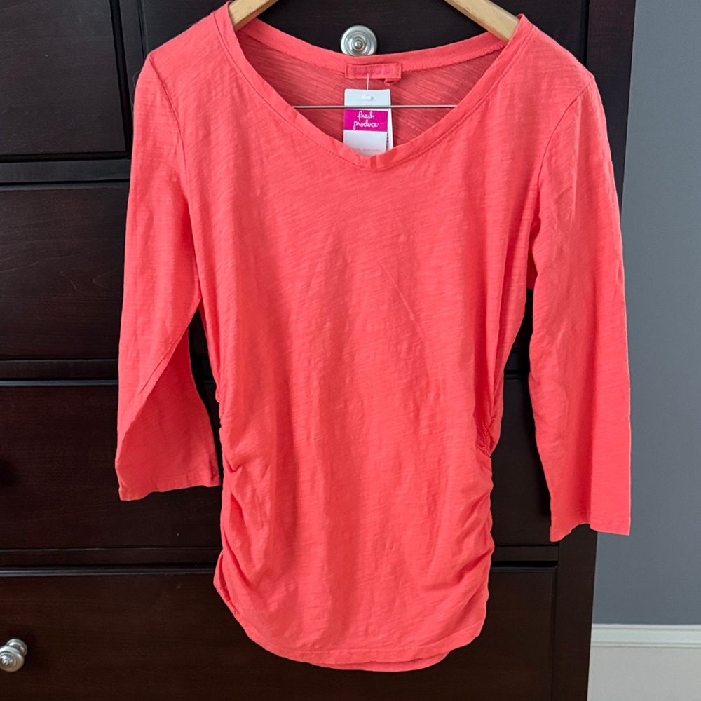 Fresh Produce Coral V-Neck Women's Top, Ruched Sides
